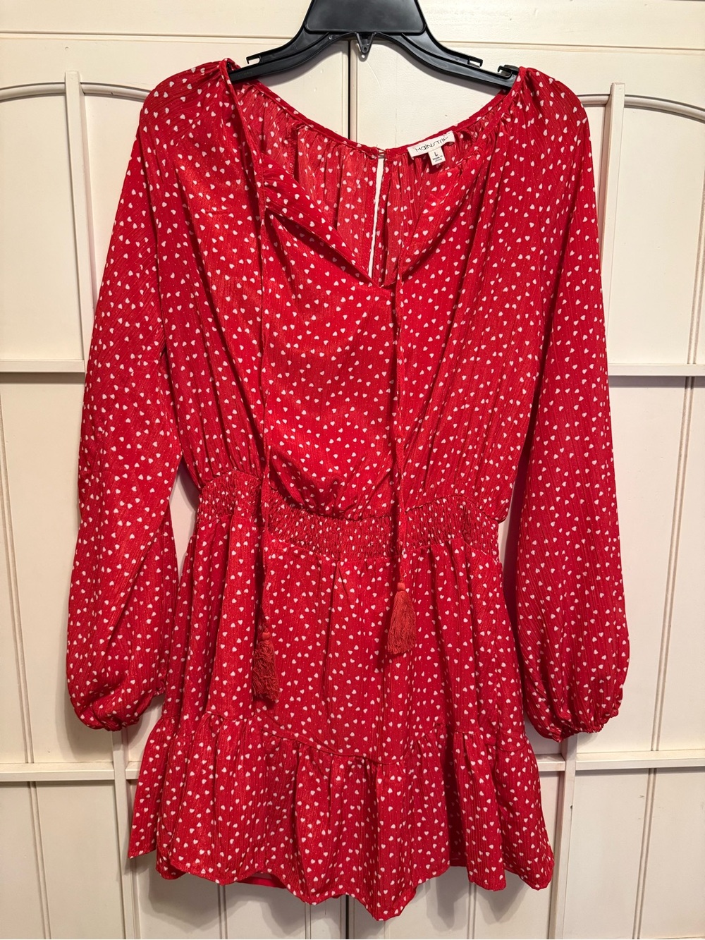 Main Strip Red Long-Sleeve Printed Waist-Tie Mini Dress